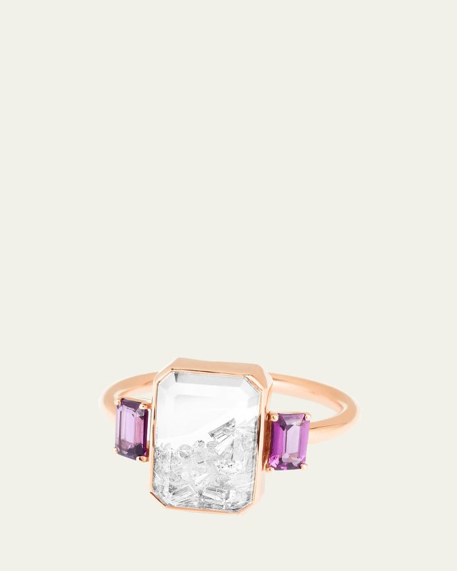Three Stone Pyrope Emerald-Cut Ring with Diamonds and Pyrope Garnet in 18K Rose Gold